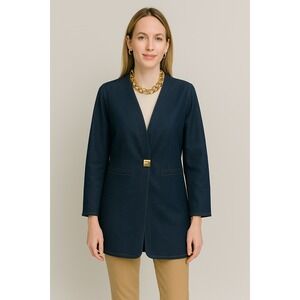 Chicos Long‎ Denim Jacket Trench SZ 1 (Med-8) Dark Wash Minimalist Career Blazer